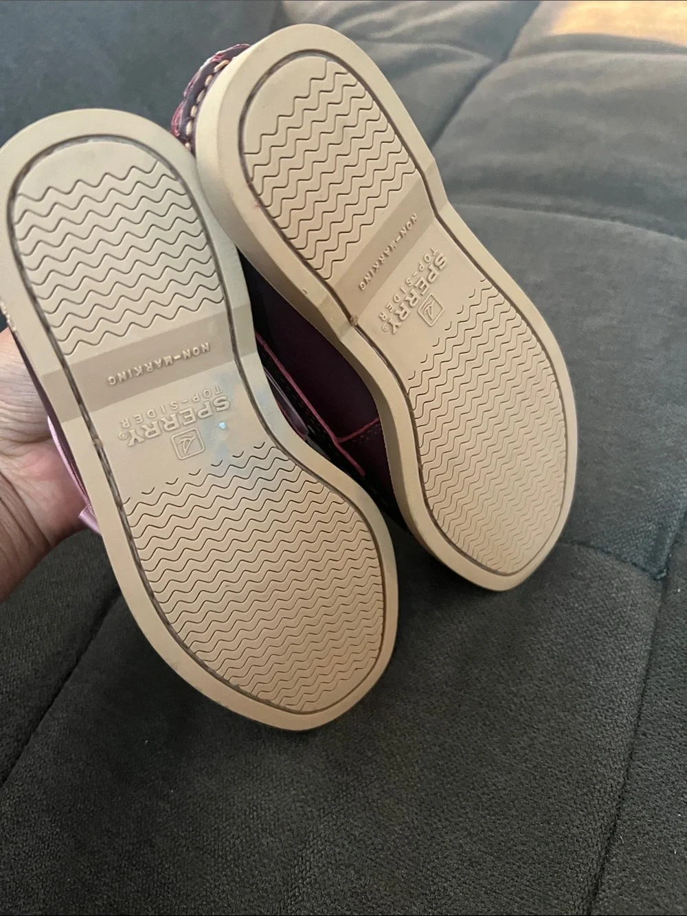 Sperry Burgundy Kids Moccasins with Pink Ribbon